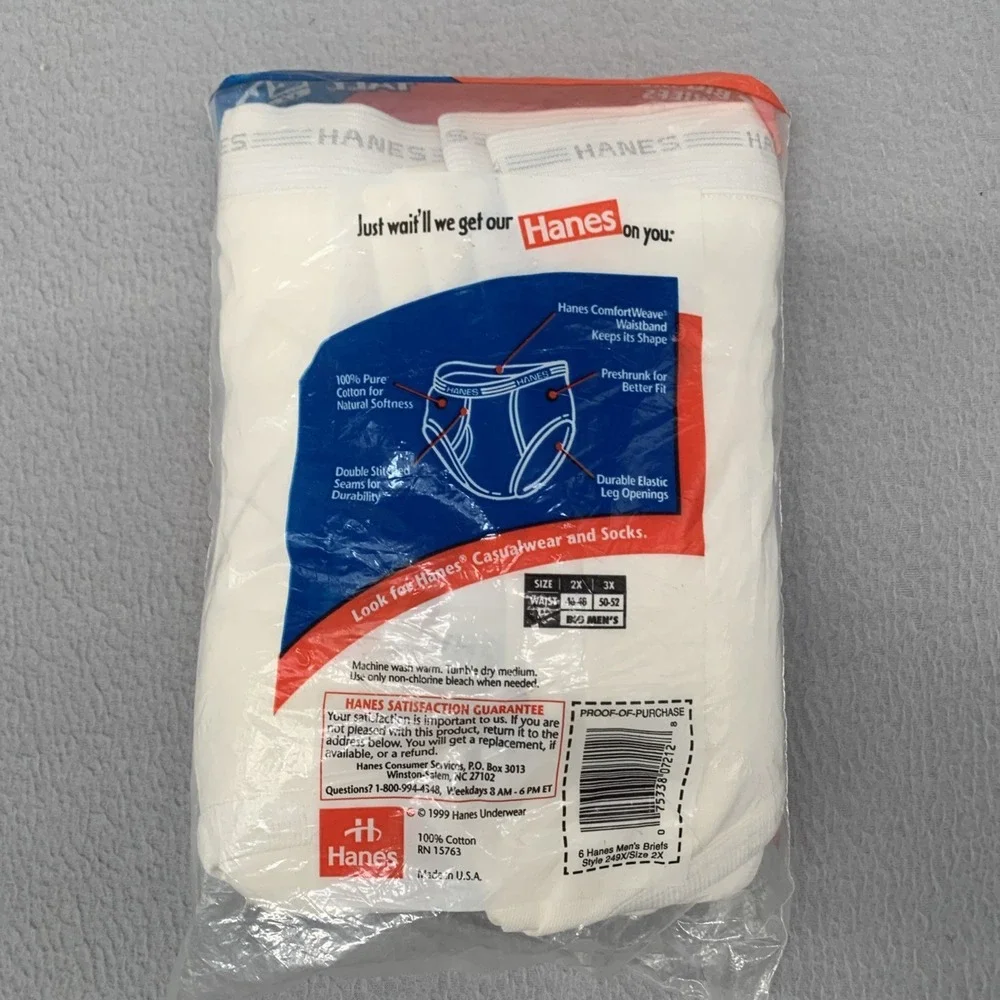 Vtg 90s Hanes Big‎ Men's Briefs 6 Pack White 100% Cotton Size 2X 46-48 Deadstock